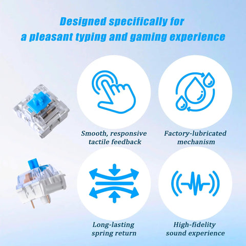 Fifty Pack 3 Pin Blue Clicky Mechanical Keyboard Switches For Typing And Gaming With 50gf Actuation Crisp Audible Feedback 2.2mm Actuation Point 4mm Travel Distance Durable Build For Tactile Lovers, blue switch close-up