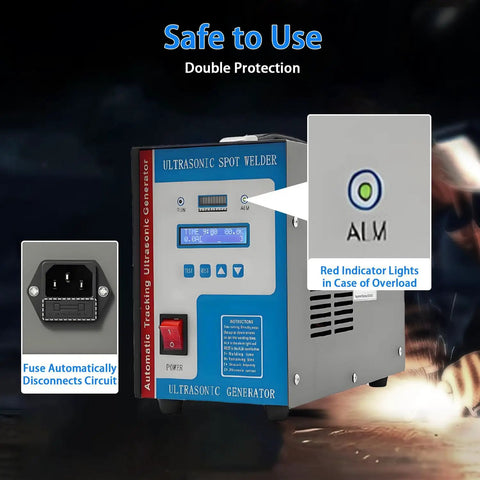 Pro Grade Handheld Ultrasonic Plastic Welding Machine With LCD Display showing red indicator light and fuse