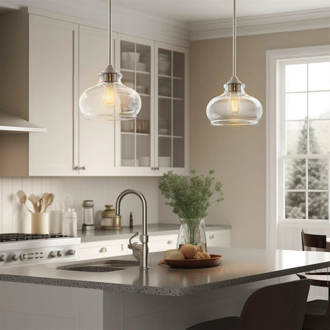Modern Schoolhouse Pendant Light With Clear Glass Shade In Brushed Nickel Finish Industrial Farmhouse Style
