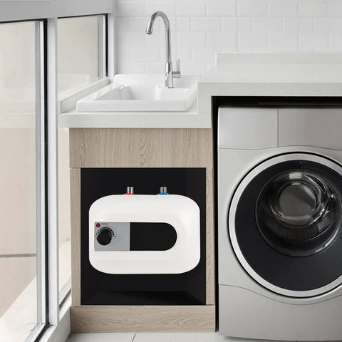 Slick Electric Mini-Tank Water Heater with Totally Sick Instant Hot Water on Tap installed under sink beside washer.