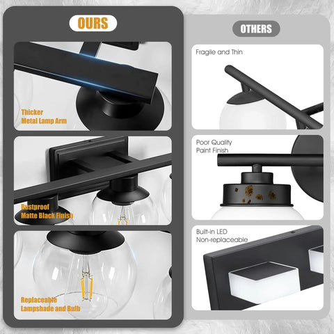 Comparison of matte black farmhouse 5 lights bathroom vanity lights with globe glass shades showing thick metal arms and rustproof finish.