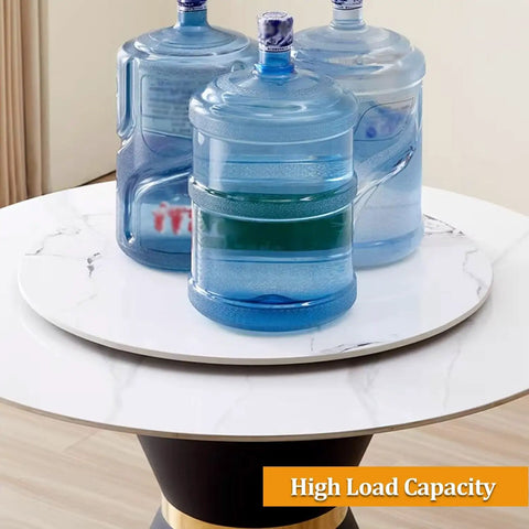 Kickass Lazy Susan Turntable For Dining Tables Featuring Smooth Spinning Motion And Top Tier Marble Look Serving Tray with water jugs.