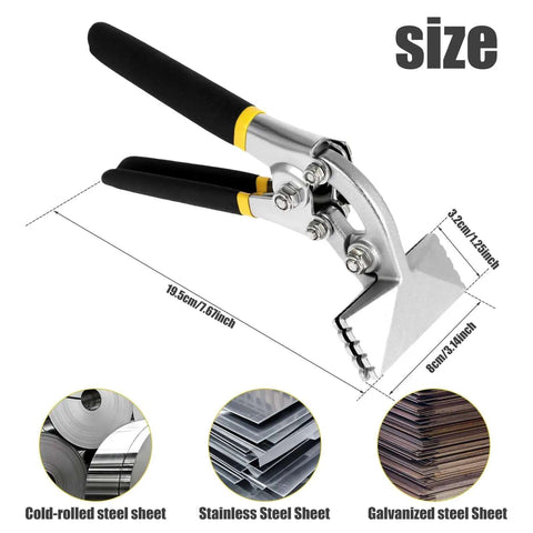 Heavy Duty 3 Inch Alloy Steel Sheet Metal Bender Hand Seamer with Straight Jaw for metalwork, shown with ergonomic handles and size dimensions.