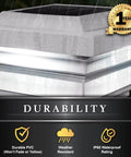 Regal Solar Post Cap 4x4 White With Warm And Cool LED Light Modes Durable PVC showcasing weather resistance with rain on surface