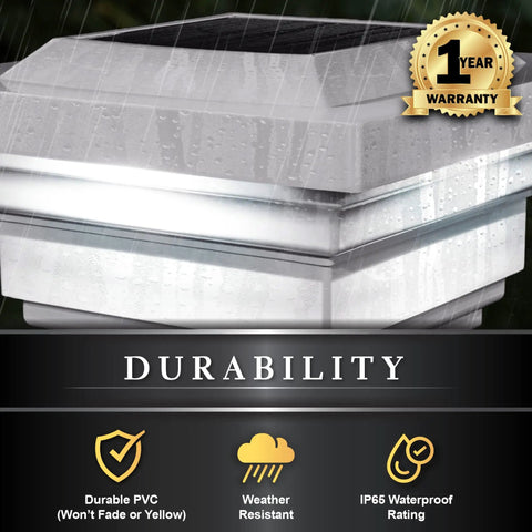 Regal Solar Post Cap 4x4 White With Warm And Cool LED Light Modes Durable PVC showcasing weather resistance with rain on surface