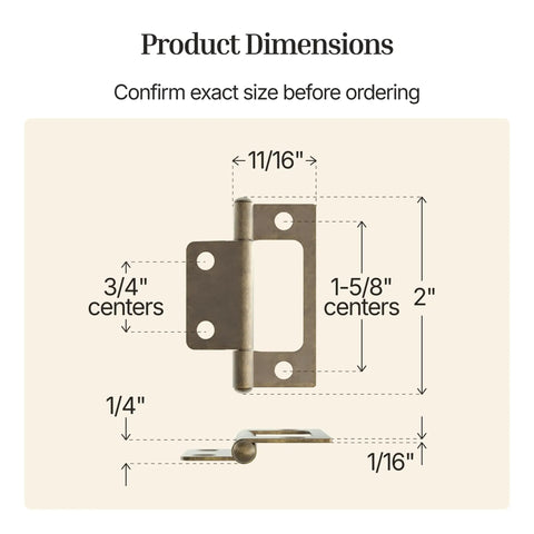 Beefy Antique Brass Non Mortise Cabinet Door Hinge Set Featuring Pro Grade Steel Build For Furniture Hardware And Smooth As Butter Swinging Action Pack Of Four Pieces dimensions showing 2 inch plate and 3/4 inch centers.