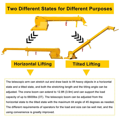 Built Like A Tank Forklift Telescopic Boom 3 Ton 12.8 Ft Extension Rack shown in horizontal and tilted lifting states for versatile use.