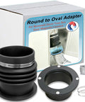 Round To Oval Duct Adapter With Magnetic Coupling For Recessed Dryer Vent Box Hose Connection 4 Inch, product packaging and components