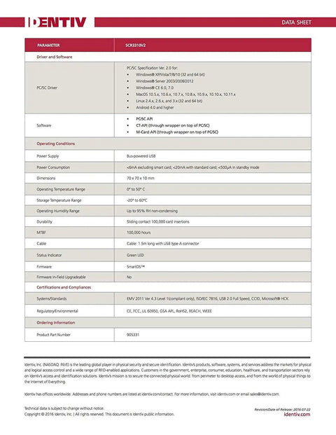 SCR3310v2.0 USB Smart Card Reader specifications data sheet detailing plug-and-play compatibility and compliance features.