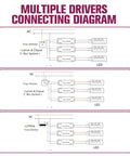 Connection diagram for 50W Triac Dimmable LED Driver Power Supply From 120V AC To 24V DC Transformer, multiple setups shown.