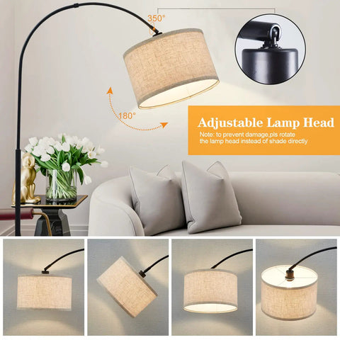 Slick Arc LED Floor Lamp With Marble Base For Living Room Rotatable Hanging Light Adjustable Arc Design Beige Linen Shade