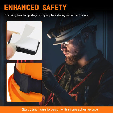 12 Pack Hard Hat Light Clips For Headlamps And Headlamp Holders, no slip helmet clips on orange hard hat with adhesive tape shown