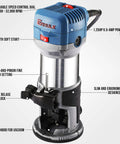 Compact Wood Router Kit with 6.5 Amp 1.25 HP Power, 32000 RPM, shown with dust hood, ergonomic body, features labeled for DIY trim.