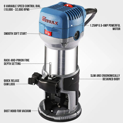 Compact Wood Router Kit with 6.5 Amp 1.25 HP Power, 32000 RPM, shown with dust hood, ergonomic body, features labeled for DIY trim.