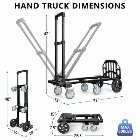 3 In 1 Convertible Dolly Cart With Wheels, Brakes, 600 Lb Heavy Duty Hand Truck Dolly, Adjustable Handle, 6 Wheel Design