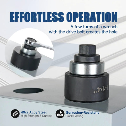 Pro Grade Manual Knockout Punch Kit With Heavy Duty Die Set for Electrical Conduit and Metal Sheet shown with wrench operation.