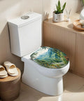 Elongated Mountain Valley Landscape Pine Forest Wildflowers Toilet Seat on white toilet in modern bathroom setting.