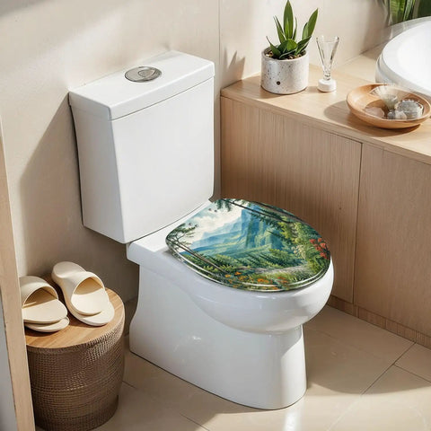 Elongated Mountain Valley Landscape Pine Forest Wildflowers Toilet Seat on white toilet in modern bathroom setting.