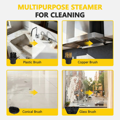 Portable Handheld Steam Cleaner With Six Adjustable Pressure Levels And Fifteen Utility Tips cleaning various surfaces with brush attachments.