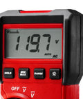 Close-up of a digital multimeter screen displaying 119.7 volts, showing controls. Digital Multimeter NIST For DIY Pros And Home Tech Nerds Auto Range True RMS 600V CAT III Safety Quick Readout Backlit LCD Handy Pocket Size Rugged Build Test Leads Included Accurate Voltage Current And Resistance Readings.