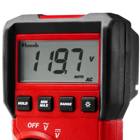 Close-up of a digital multimeter screen displaying 119.7 volts, showing controls. Digital Multimeter NIST For DIY Pros And Home Tech Nerds Auto Range True RMS 600V CAT III Safety Quick Readout Backlit LCD Handy Pocket Size Rugged Build Test Leads Included Accurate Voltage Current And Resistance Readings.