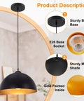 Esfos 11.8" Black and Gold Pendant Lights Kitchen Island, 3 Pack Chandelier showing black metal shade and gold interior.