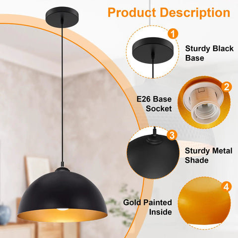 Esfos 11.8" Black and Gold Pendant Lights Kitchen Island, 3 Pack Chandelier showing black metal shade and gold interior.