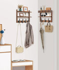 Two In One Wall Mount Coat Rack With Shelf And Key Mail Organizer 29 Inch Long Entryway Hanger With 11 Hooks On Bottom And 4 Large Hooks For Mail Section Pine Wood Brown Finish Easy Install on wall with items