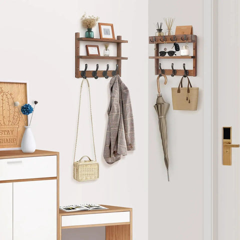 Two In One Wall Mount Coat Rack With Shelf And Key Mail Organizer 29 Inch Long Entryway Hanger With 11 Hooks On Bottom And 4 Large Hooks For Mail Section Pine Wood Brown Finish Easy Install on wall with items