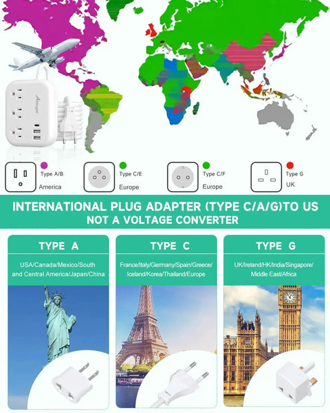 Grab And Go Global Travel Power Strip With Universal Plug Adapter map and plug types for 150 plus countries cruise ready