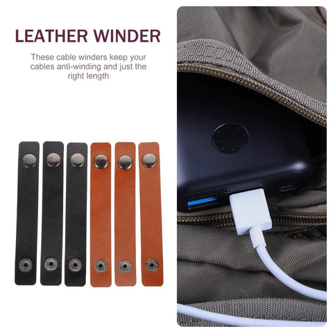 Premium Leather Cord Organizer Straps To Kick The Cable Chaos And Keep Your Setup Crisp While Traveling With Reusable Fasteners and Durable Flexible Wrap Ties, featuring black and brown leather winders.