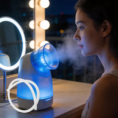 Woman using a facial steamer next to a silicone steamer tube. Silicone Steamer Tube 39 Inch Heat Resistant Steam Hose For Home Sauna Conduit Replacement Flexible 0.4 Inch Inner Diameter High Temp Tubing For Steam Lines Durable Easy Setup visible in image.