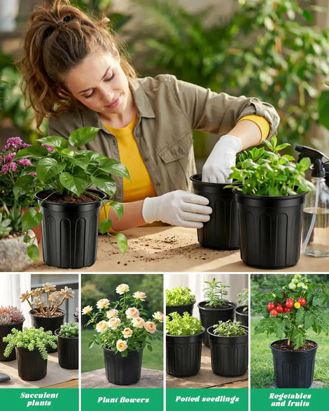 65 Pack One Gallon Seedling Pots With Drainage Holes For Easy Seed Starting And Transplants Flexible Thickened Soft Nursery Pots Built To Last For Home Garden Projects in use by a gardener.