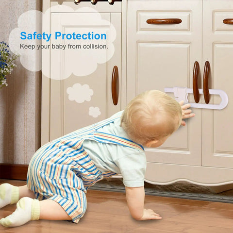 Baby reaching for U Shape Cabinet Door Locks For Kid Proofing Double Doors Simple Install Child Safety Latches on cupboard