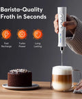 Person using Rechargeable Milk Frother Handheld Foam Maker With Stainless Whisk For Cappuccino Latte Bulletproof Coffee Keto Diet Protein Powder Matcha Pure White Two Whisks No Fuss Quick Froth to froth milk in clear glass mug beside a dessert.