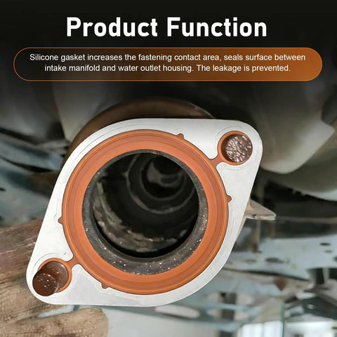 Heavy Duty Thermostat Water Neck Housing Gasket With 1/8 Inch Alloy Carrier And Silicone Seal Spacer For Chevy SBC BBC V8 Engines 265 To 500 CID close-up view of gasket installed