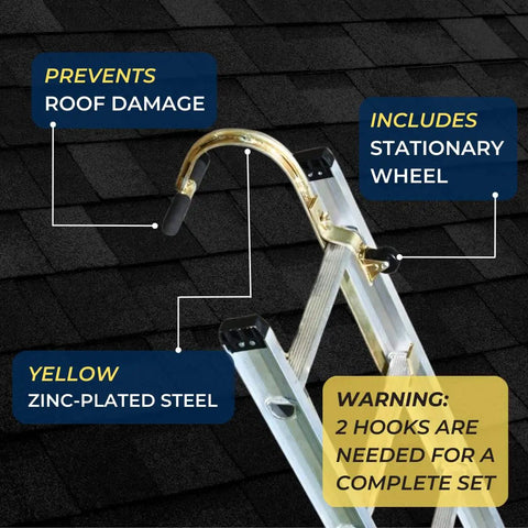 Ladder Roof Hook With Wheel For Safe Rooftop Access, Zinc Plated Steel Construction, highlighting rubber grip and stationary wheel.