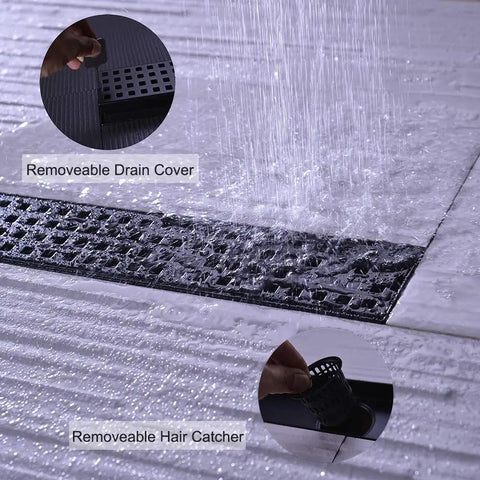Linear Shower Drain 24 Inch For Bathroom With Removable Cover Grid Grate Stainless Steel SUS304 Trench Drain Black Finish.