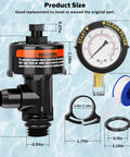 Front view of manual pool filter air relief valve with pressure gauge; black plastic body includes gauge, O-rings, and clips.