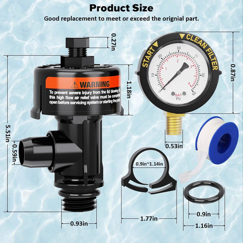 Front view of manual pool filter air relief valve with pressure gauge; black plastic body includes gauge, O-rings, and clips.