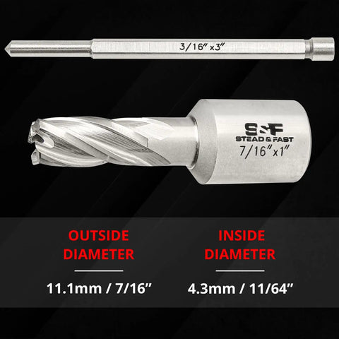 Real Deal Pro Grade M2Alloy Hss Annular Cutter Set For Magnetic Drill Press 7/16 Inch Diameter And One Inch Depth Of Cut showing dimensions.