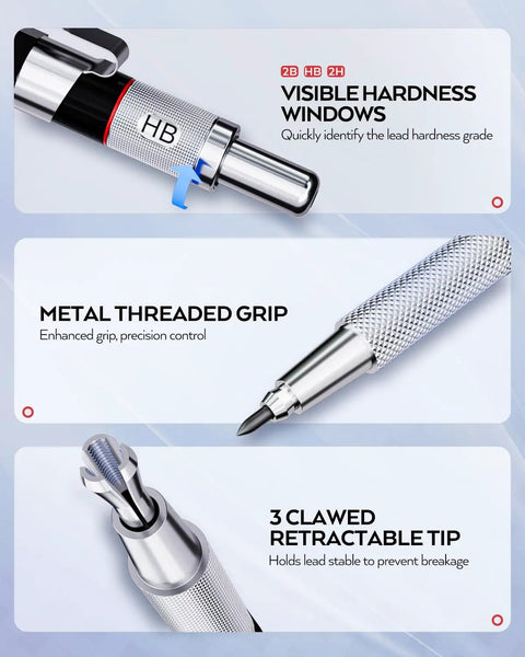 Do It All Six Piece Art Mechanical Pencil Set For Writing, Sketching And Drawing With 0.5mm, visible hardness HB lead, metal grip