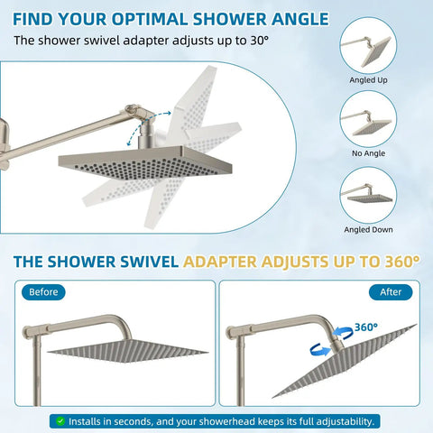 All Metal Shower Head Swivel Ball Joint Adapter For Solid Brass Adjustable Shower Arm Connector And Extension, Universal Showerhead Connector, Brushed Nickel Finish, No Leak Design, Heavy Duty, Leak-Free Performance; 30° swivel and 360° rotation shown