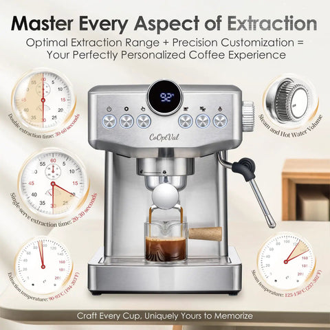 Next Level 20 Bar Espresso Machine With Precise Temperature And Time Controls Crafted In Sleek Stainless Steel with digital displays and steam wand.
