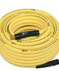 Non-Kink Air Hose 3/8 By 100 Ft With 1/4 In MnpT Brass Fittings 300 Psi Max Rating coiled with brass fittings and caution markings.