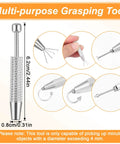No-Fuss All In One Piercing Ball Grabber Tool Kit With 8 Tapers 14G 16G 18G 20G, showing tool dimensions and usage