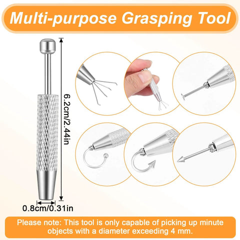 No-Fuss All In One Piercing Ball Grabber Tool Kit With 8 Tapers 14G 16G 18G 20G, showing tool dimensions and usage