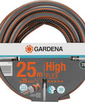 Packaging of 25m Gardena HighFlex garden hose with 3/4 in diameter, shown coiled with comfort grip and spiral mesh design.