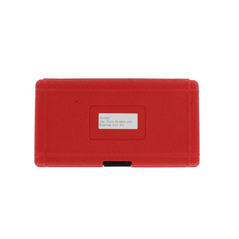 Front view of red plastic storage case for ABN 13-piece chain breaker and rivet tool set.