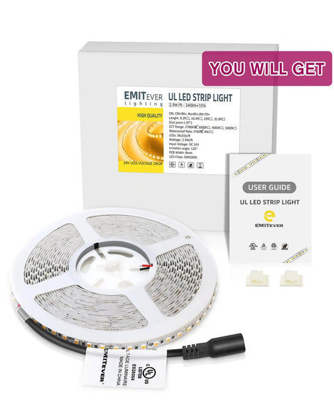 Warm White LED Strip Light 2700K 24V High CRI 95 Easy Install IP30 25ft Spool with user guide and connector clips shown